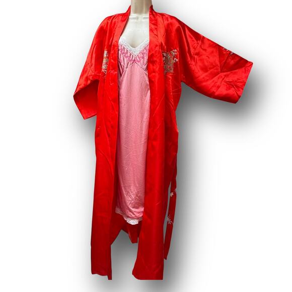 Vintage Red Satin Kimono Robe Embroidered Cranes Fans Floral Belted Long Gown - Picture 4 of 14
